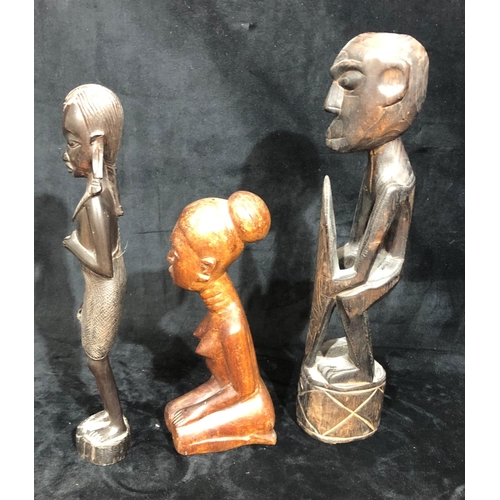 8012 - 3 South African wood carved wood ethnic figures, tallest 38cm high, (1 female missing stick/staff). ... 