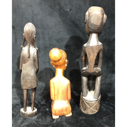 8012 - 3 South African wood carved wood ethnic figures, tallest 38cm high, (1 female missing stick/staff). ... 