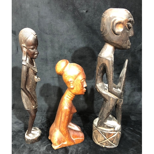 8012 - 3 South African wood carved wood ethnic figures, tallest 38cm high, (1 female missing stick/staff). ... 