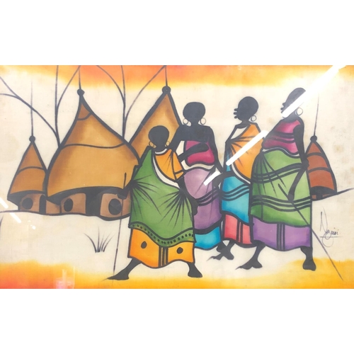 8019 - An ethnic coloured print of ladies and huts, 57 x 36cm, in wood frame