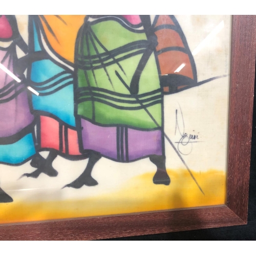 8019 - An ethnic coloured print of ladies and huts, 57 x 36cm, in wood frame