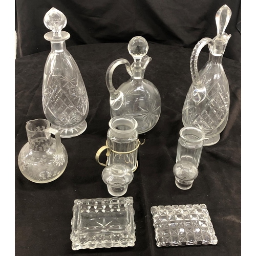 8046 - 2 glass claret jugs with stoppers, tallest 34cm high, a glass decanter, 32cm high and a quantity of ... 