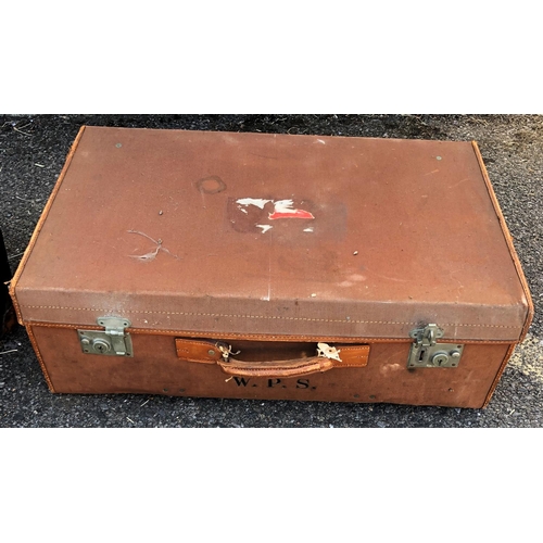 8056 - A vintage cabin trunk, 77 x 50 x 31cm (some damage to corners) and a canvas suitcase, 77 x 44 x 23cm... 