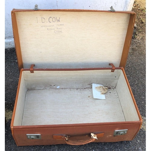 8056 - A vintage cabin trunk, 77 x 50 x 31cm (some damage to corners) and a canvas suitcase, 77 x 44 x 23cm... 