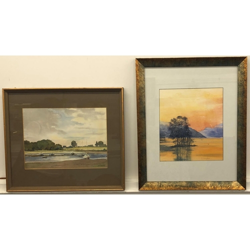 8080 - Joan Hadfield watercolour of moored sail boats and landscape, 35.5 x 26cm, in gilt frame and a D. Si... 