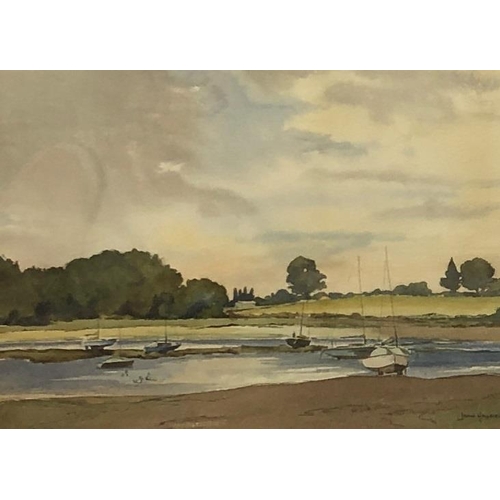 8080 - Joan Hadfield watercolour of moored sail boats and landscape, 35.5 x 26cm, in gilt frame and a D. Si... 