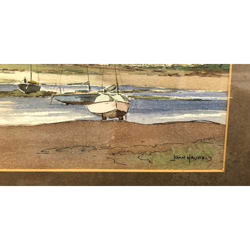 8080 - Joan Hadfield watercolour of moored sail boats and landscape, 35.5 x 26cm, in gilt frame and a D. Si... 