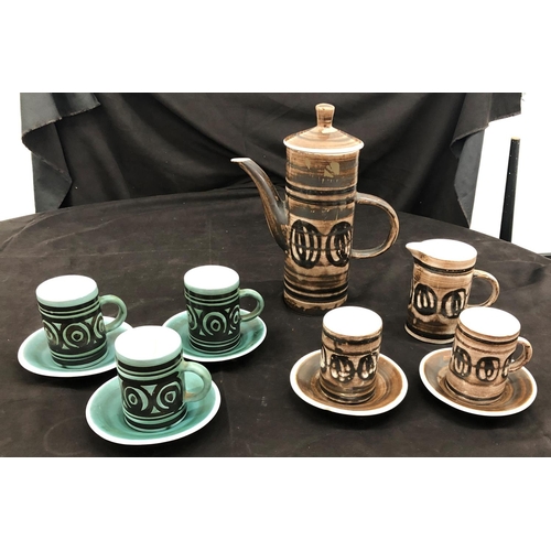 8083 - 2 Cinque Ports Pottery part coffee sets, 3 green saucers, 3 cups (2 cracked) and a brown coffee pot,... 