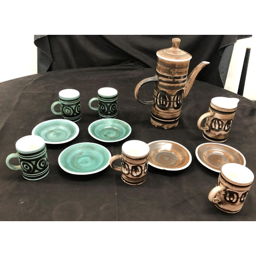 8083 - 2 Cinque Ports Pottery part coffee sets, 3 green saucers, 3 cups (2 cracked) and a brown coffee pot,... 