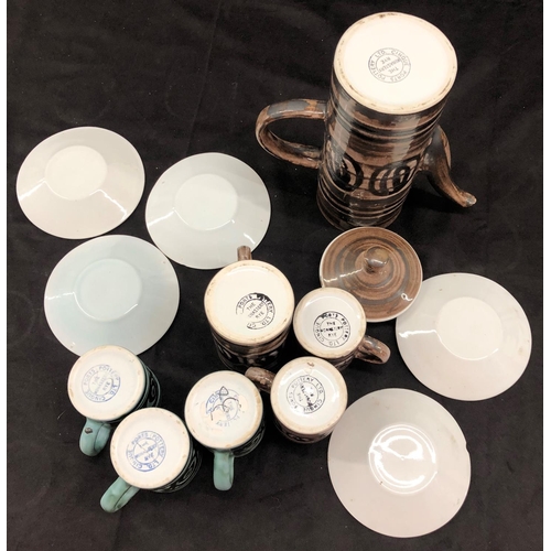 8083 - 2 Cinque Ports Pottery part coffee sets, 3 green saucers, 3 cups (2 cracked) and a brown coffee pot,... 