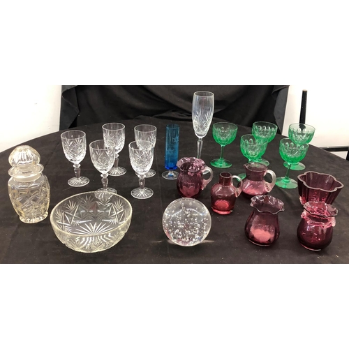 8090 - A quantity of mixed glass, 5 cut glass wine glasses, 5 green tinted wine glasses, a large paperweigh... 