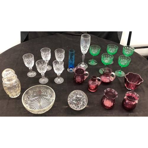 8090 - A quantity of mixed glass, 5 cut glass wine glasses, 5 green tinted wine glasses, a large paperweigh... 