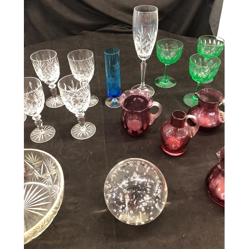 8090 - A quantity of mixed glass, 5 cut glass wine glasses, 5 green tinted wine glasses, a large paperweigh... 