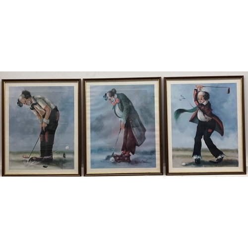 8104 - 3 prints of clowns playing golf, in wood frames (1 glass missing), 32.5 x 40cm overall.