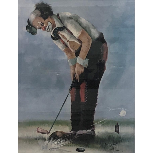 8104 - 3 prints of clowns playing golf, in wood frames (1 glass missing), 32.5 x 40cm overall.