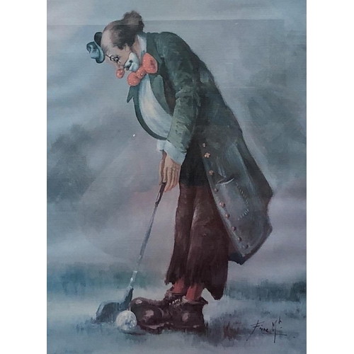 8104 - 3 prints of clowns playing golf, in wood frames (1 glass missing), 32.5 x 40cm overall.