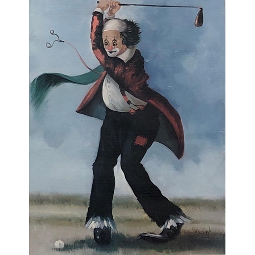 8104 - 3 prints of clowns playing golf, in wood frames (1 glass missing), 32.5 x 40cm overall.