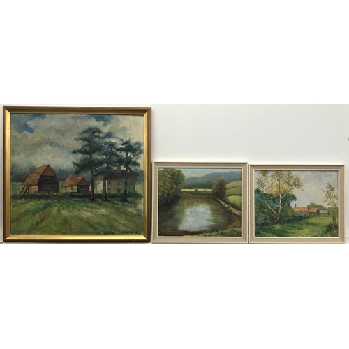 8107 - An oil on board depicting a house, buildings and landscape, signed, D. Colevile '76, 60 x 55cm, in g... 