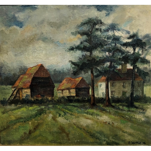 8107 - An oil on board depicting a house, buildings and landscape, signed, D. Colevile '76, 60 x 55cm, in g... 