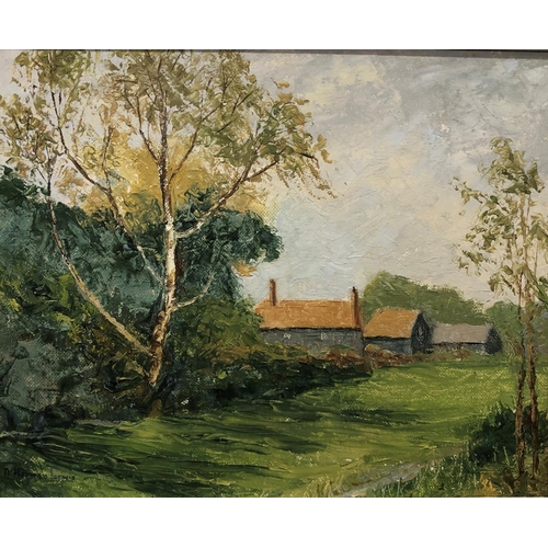 8107 - An oil on board depicting a house, buildings and landscape, signed, D. Colevile '76, 60 x 55cm, in g... 