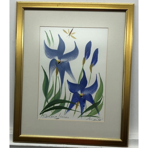 8109 - A print of blue flowers, signed Maile, 26 x 36cm, in gilt frame.