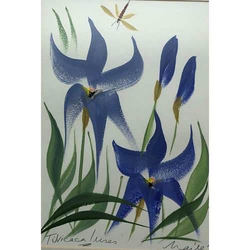 8109 - A print of blue flowers, signed Maile, 26 x 36cm, in gilt frame.