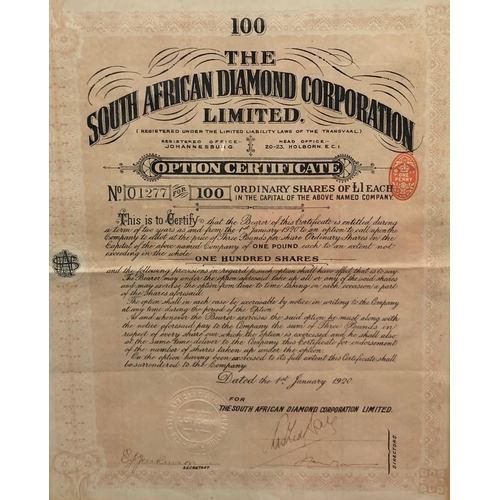 8110 - A South African Diamond Corporation Limited Option Certificate no. 01277 for 100 Ordinary shares, da... 