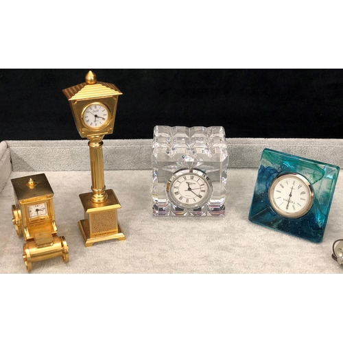 8112 - 4 small novelty timepieces, 1 Waterford glass, 1 blue tinted glass Caithness, 1 Churchill lamp post ... 