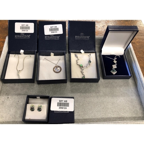 8062 - 4 Byzantium Collection Ltd London pendants with chains and a pair of earrings, all boxed.