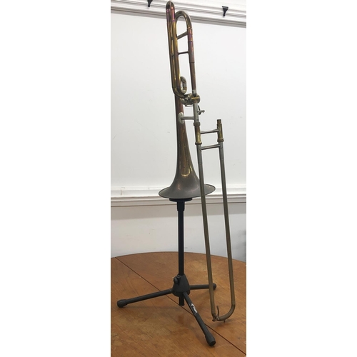 8278 - A brass trombone, (missing valves and mouthpiece), marked LP 350938 and etched ILEA to side, 119cm l... 