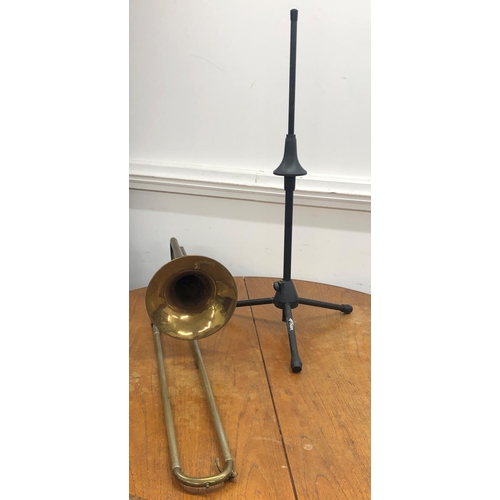 8278 - A brass trombone, (missing valves and mouthpiece), marked LP 350938 and etched ILEA to side, 119cm l... 