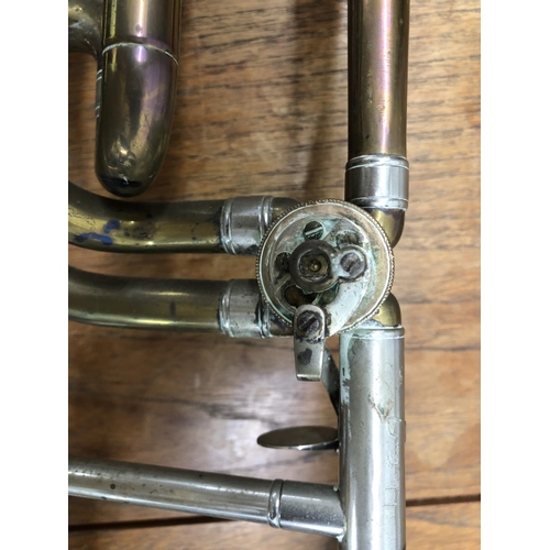 8278 - A brass trombone, (missing valves and mouthpiece), marked LP 350938 and etched ILEA to side, 119cm l... 