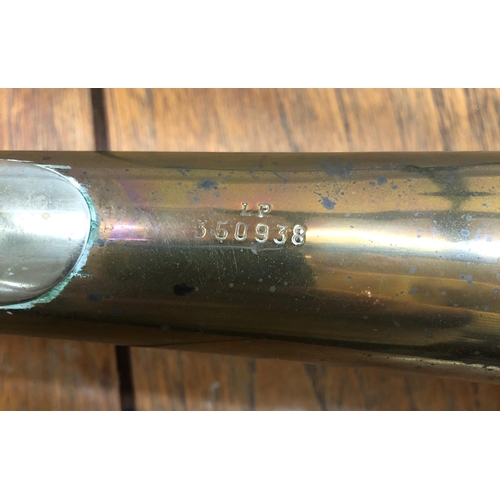 8278 - A brass trombone, (missing valves and mouthpiece), marked LP 350938 and etched ILEA to side, 119cm l... 