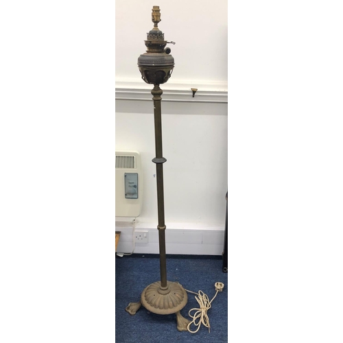 8302 - A brass and copper standard oil lamp converted to electric, 146.5cm high overall (small section of b... 