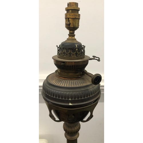 8302 - A brass and copper standard oil lamp converted to electric, 146.5cm high overall (small section of b... 