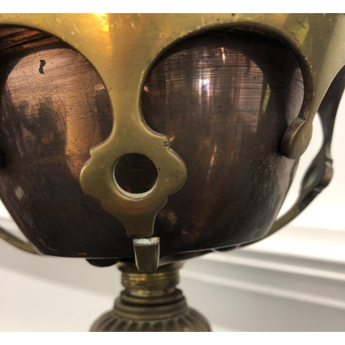 8302 - A brass and copper standard oil lamp converted to electric, 146.5cm high overall (small section of b... 