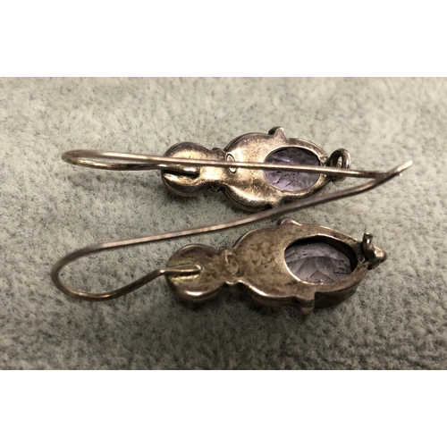 8305 - A pair of silver coloured metal pendant earrings with purple stone and half pearls, 3.6cm long overa... 