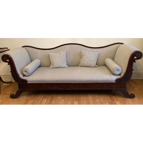 8318 - A mahogany sofa with scroll ends, 250cm x 70cm x 96cm. This item is not held by PF Windibank, collec... 