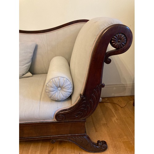 8318 - A mahogany sofa with scroll ends, 250cm x 70cm x 96cm. This item is not held by PF Windibank, collec... 