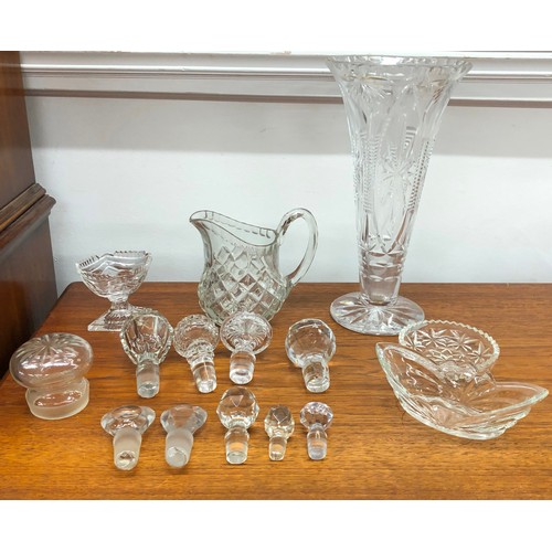 8325 - A tall cut glass vase, 30.5cm high and various other cut glass including decanter stops etc.