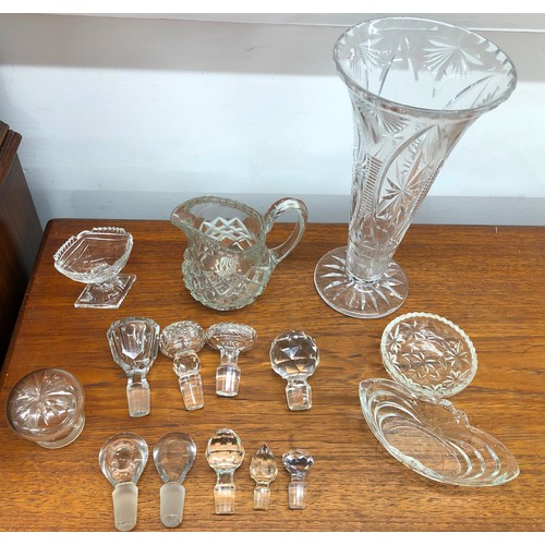 8325 - A tall cut glass vase, 30.5cm high and various other cut glass including decanter stops etc.