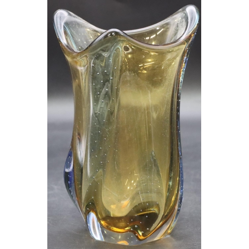 1 - A brown and blue tinted triangular shaped bulbous glass vase, 19cm high