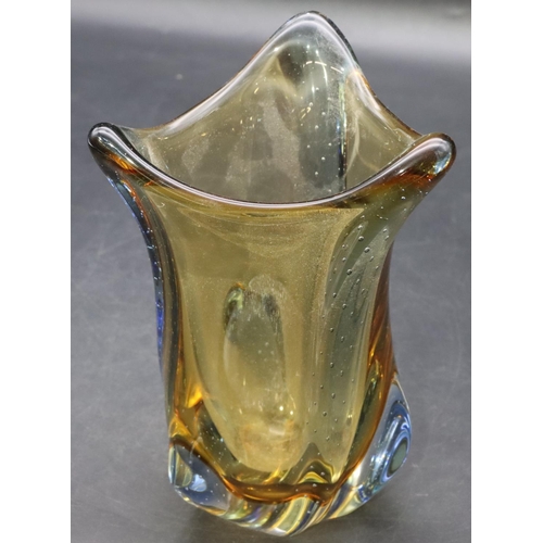 1 - A brown and blue tinted triangular shaped bulbous glass vase, 19cm high