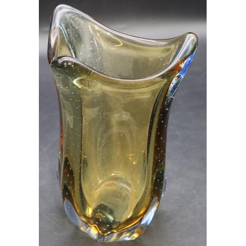 1 - A brown and blue tinted triangular shaped bulbous glass vase, 19cm high