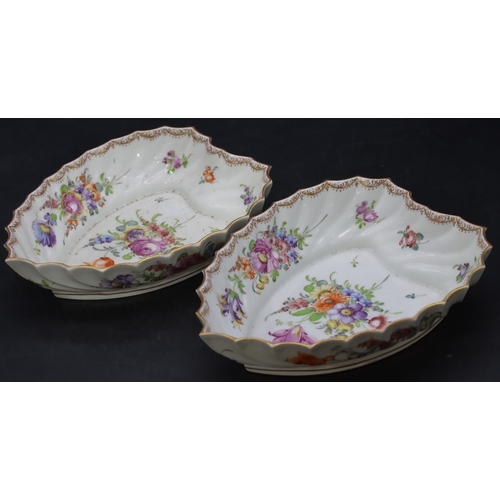 10 - A pair of 20th Century Dresden heart shaped dishes with scallop shaped rims, on white ground with mu... 