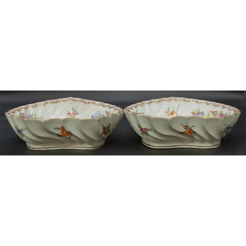 10 - A pair of 20th Century Dresden heart shaped dishes with scallop shaped rims, on white ground with mu... 