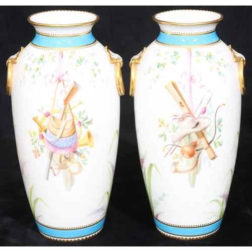 112 - A pair of Minton round bulbous thin necked trumpet shaped vases on white and turquoise ground with m... 