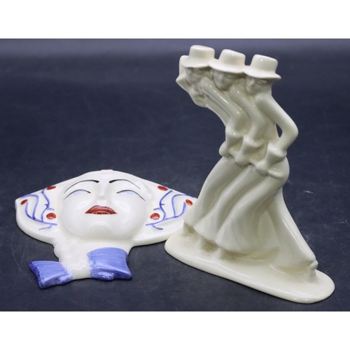 123 - Holland Art Deco white china group of 3 ladies on oblong base (1 hat chipped), 13.3cm high and a Wed... 