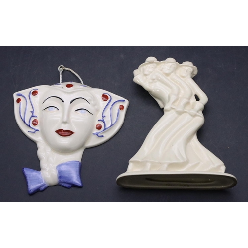 123 - Holland Art Deco white china group of 3 ladies on oblong base (1 hat chipped), 13.3cm high and a Wed... 