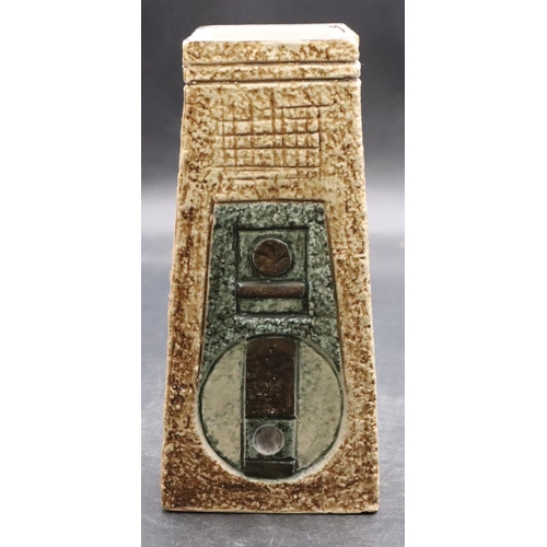 129 - A Troika coffin vase on textured beige surface with raised rectangular band abstract decoration, 17.... 